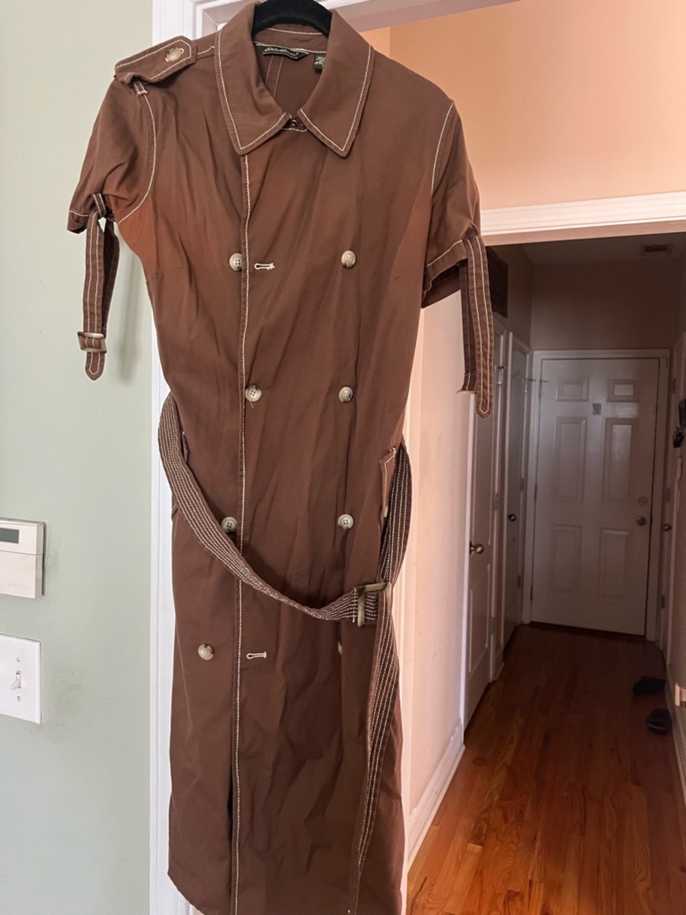 Eddie Bauer Brown Double-Breasted Short-Sleeve Trench Coat dress.